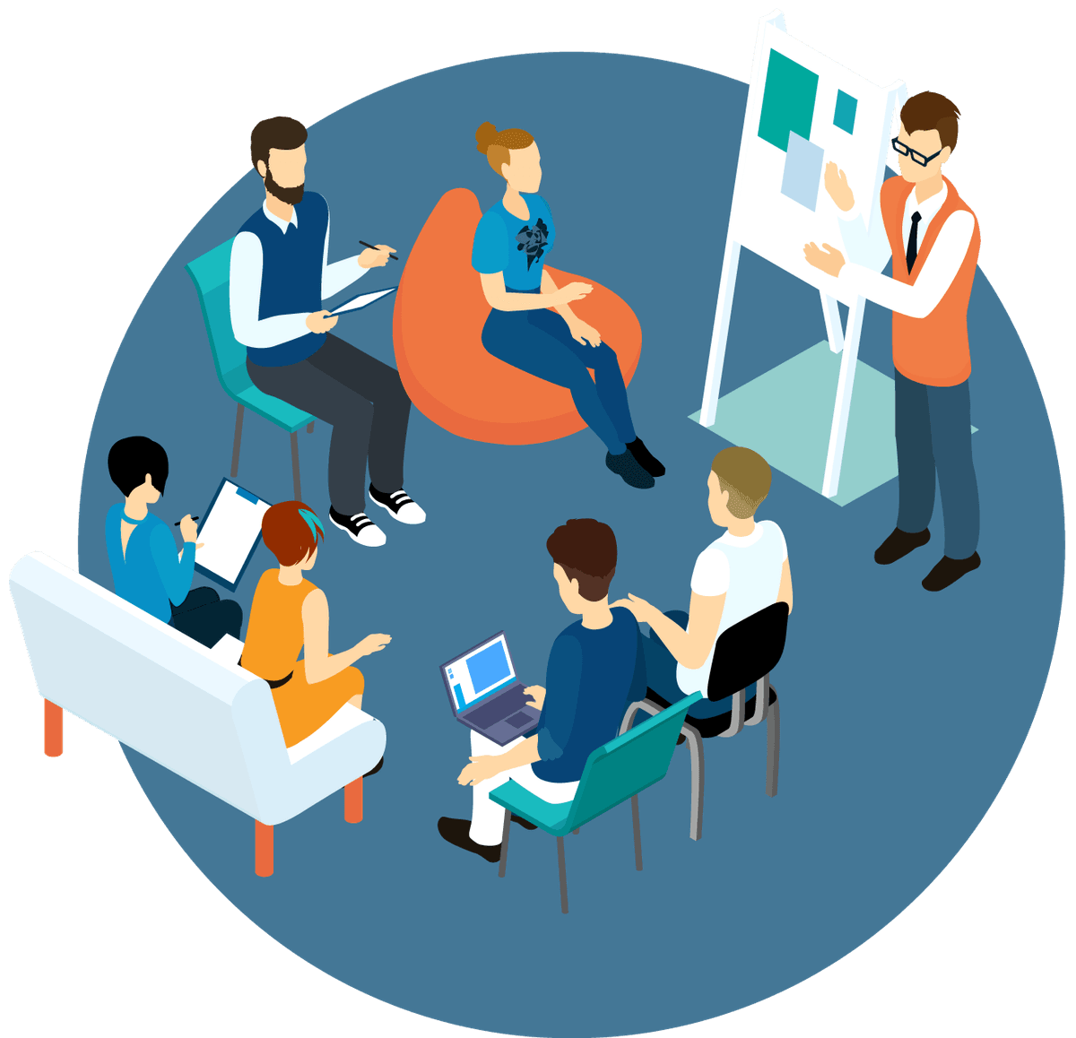 Collaborative workspace with people working together on projects