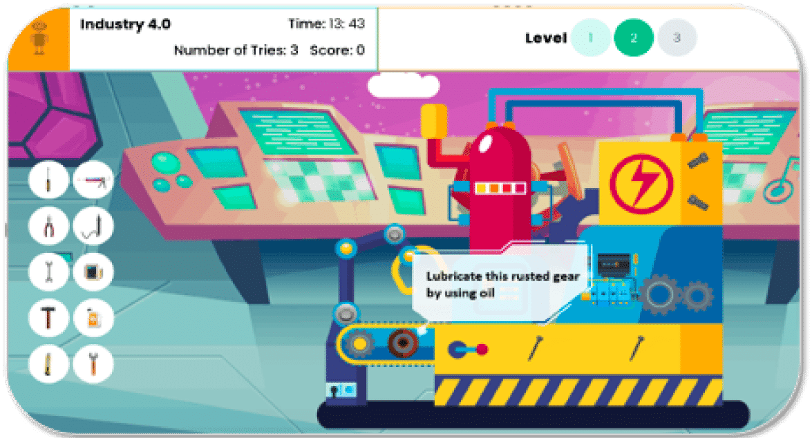 Two children looking at a digital tree with STEAM education icons