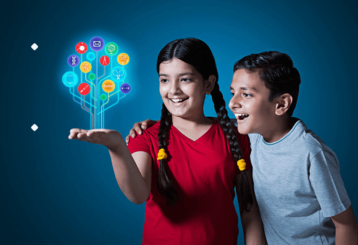 Two children looking at a digital tree with STEAM education icons